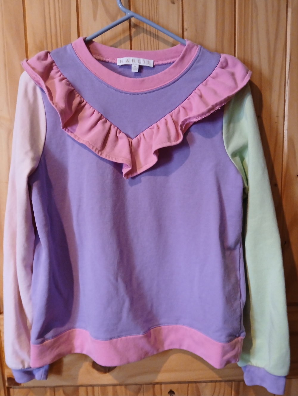 Karlie Lavender Sweatshirt w/ Pink Ruffle and Pastel Color-Block Sleeves Size M